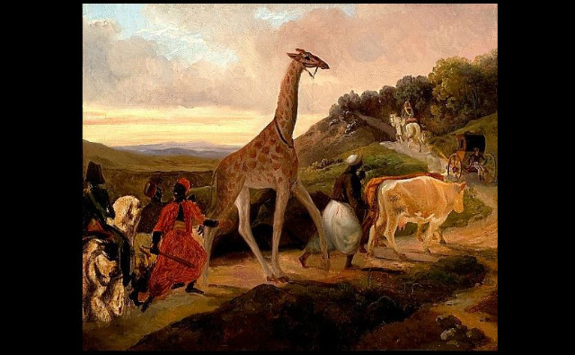 Le Passage de la girafe près d'Arnay-le-Duc, tableau de Jacques Raymond Brascassat (1827)