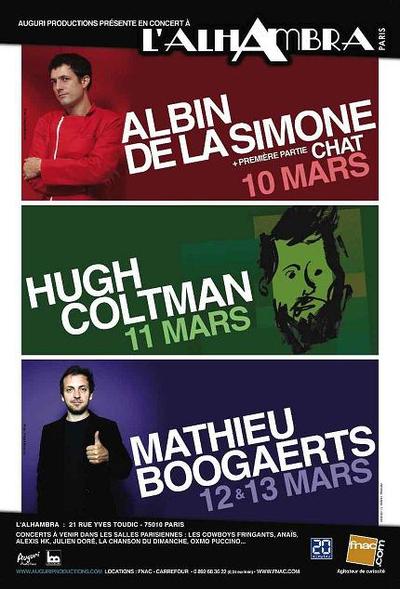 Mathieu Boogaerts, Albin de la Simone et Hugh Coltman en concert à l'Alhambra début mars