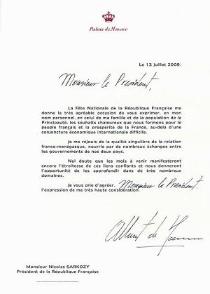 Message de SAS le Prince Albert II au Président de la République française