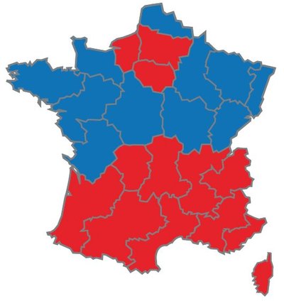 En bleu: Passage à la télé tout numérique en 2009 ou 2010, en rouge: Passage au tout numérique en 2011 En bleu: Passage à la télé tout numérique en 2009 ou 2010, en rouge: Passage au tout numérique en 2011