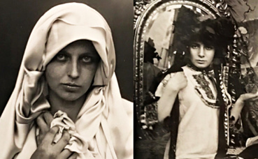 Jeune bohémienne en blanc et modèle posant dans l'atelier de Mucha. Photos des clichés exposés (c) Charlotte Service-Longépé