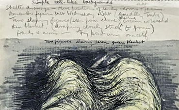 Dessin esquissé et annoté pendant le blitz à Londres qui influencera ses futures sculptures. Photo (c) Charlotte Service-Longépé Dessin esquissé et annoté pendant le blitz à Londres qui influencera ses futures sculptures. Photo (c) Charlotte Service-Longépé