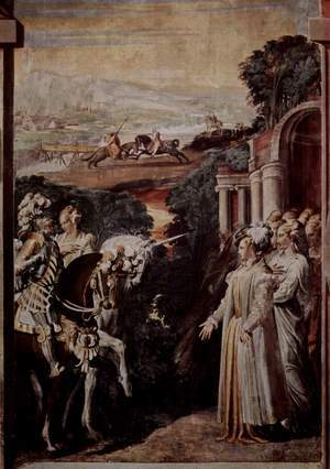 Alcina reçoit Ruggiero en son château, gravure de Nicolò dell’Abate (1510-1571), vers 1550