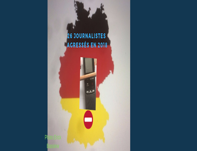 La carte de la République fédérale d'Allemagne, un Dictaphone, un stylo et un Emoji (stop) - Photo Montage (c) Erick Salemon Bassène