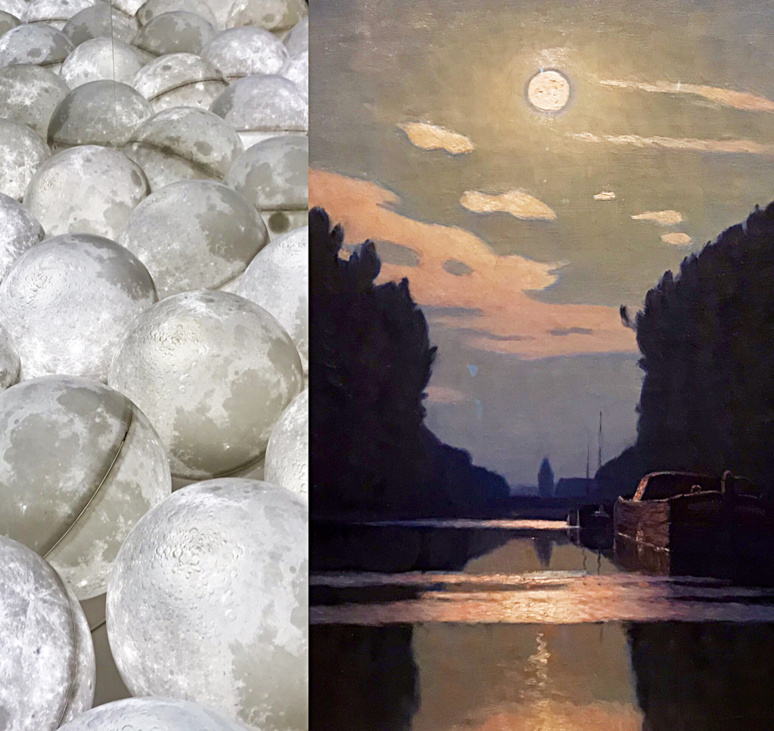Globes lumineux Ange Leccia; Lever de Lune sur un canal vers 1900 (huile) Charles Guilliux. Photo montage (c) Charlotte Longépé. Globes lumineux Ange Leccia; Lever de Lune sur un canal vers 1900 (huile) Charles Guilliux. Photo montage (c) Charlotte Longépé.