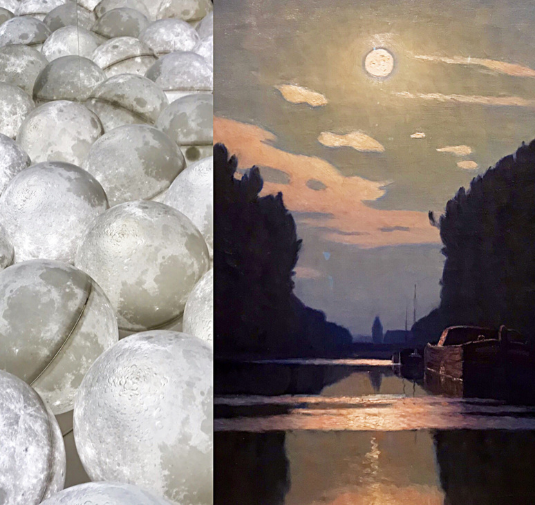 Globes lumineux Ange Leccia; Lever de Lune sur un canal vers 1900 (huile) Charles Guilliux. Photo montage (c) Charlotte Longépé.