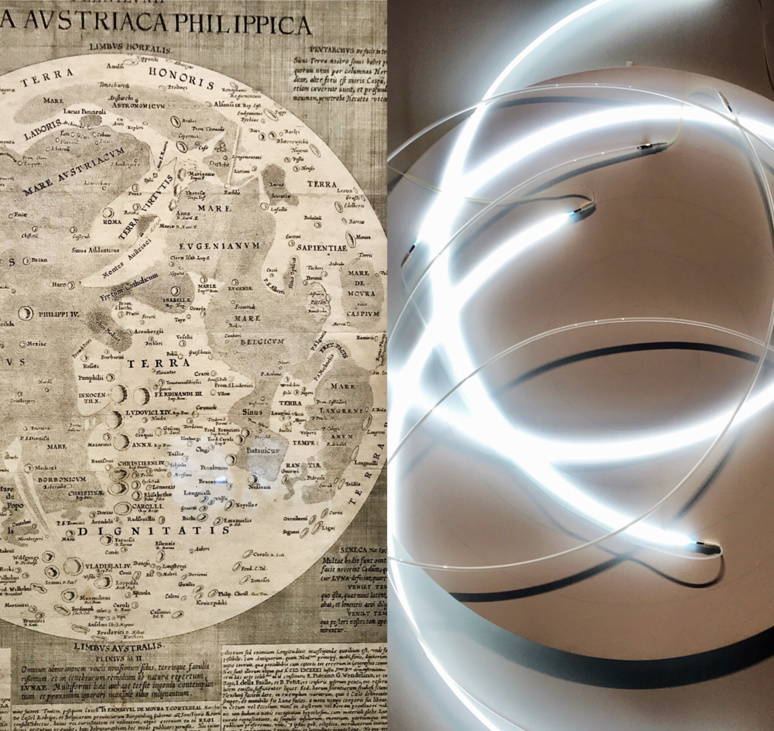 Pleni lunii Lumina austriaca Philippica (carte imprimée) 1645, Michael Florentius Van Langren; Lunatique neonly n°3, 1997,François Morellet. Photo montage (c) Charlotte Longépé. Pleni lunii Lumina austriaca Philippica (carte imprimée) 1645, Michael Florentius Van Langren; Lunatique neonly n°3, 1997,François Morellet. Photo montage (c) Charlotte Longépé.