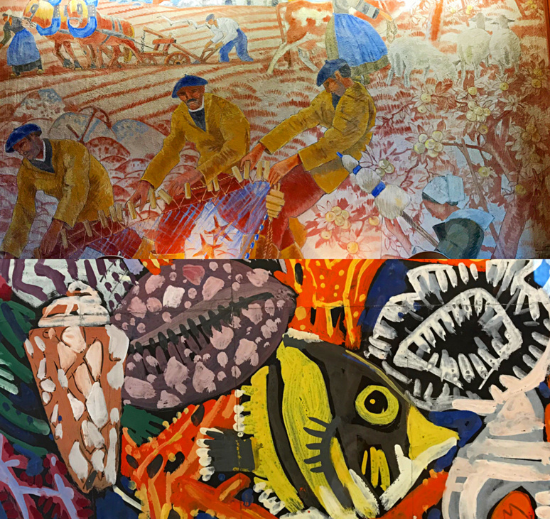 Scènes de pèche et de moisson, peinture murale décorant la salle à manger de la Grande Vigne; étude à la gouache, projet de décors pour un paquebot. Photo montage (c) Charlotte Longépé. Scènes de pèche et de moisson, peinture murale décorant la salle à manger de la Grande Vigne; étude à la gouache, projet de décors pour un paquebot. Photo montage (c) Charlotte Longépé.