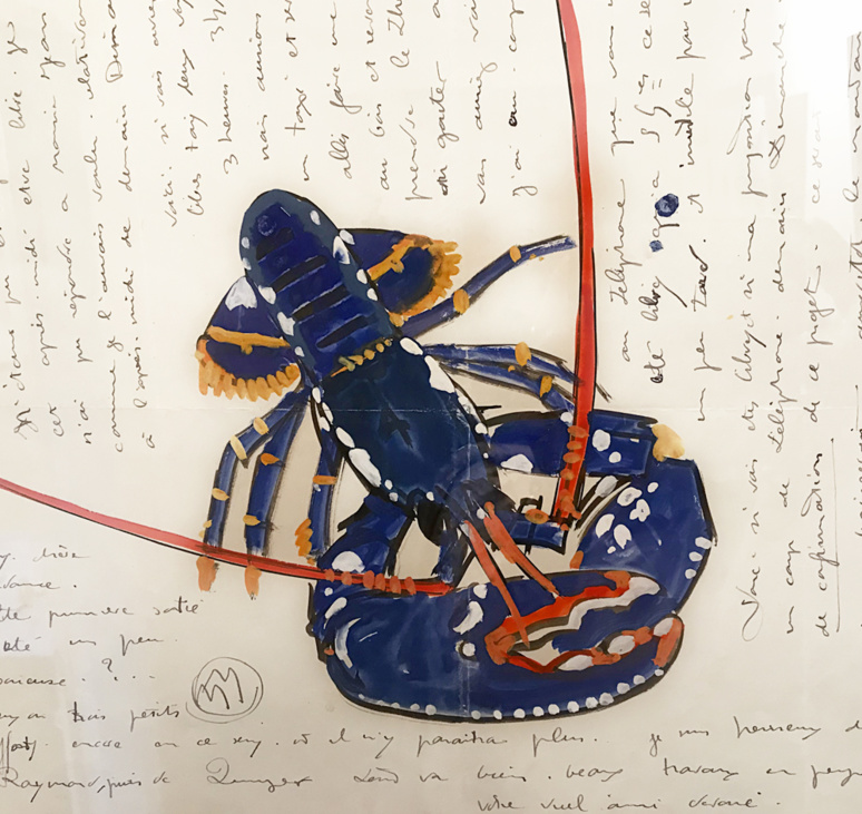 Exemple de lettre écrite par Mathurin Méheut; ce homard bleu illustra aussi le livre "Regarde" de Colette (1929). Photo (c) Charlotte Longépé. Exemple de lettre écrite par Mathurin Méheut; ce homard bleu illustra aussi le livre "Regarde" de Colette (1929). Photo (c) Charlotte Longépé.