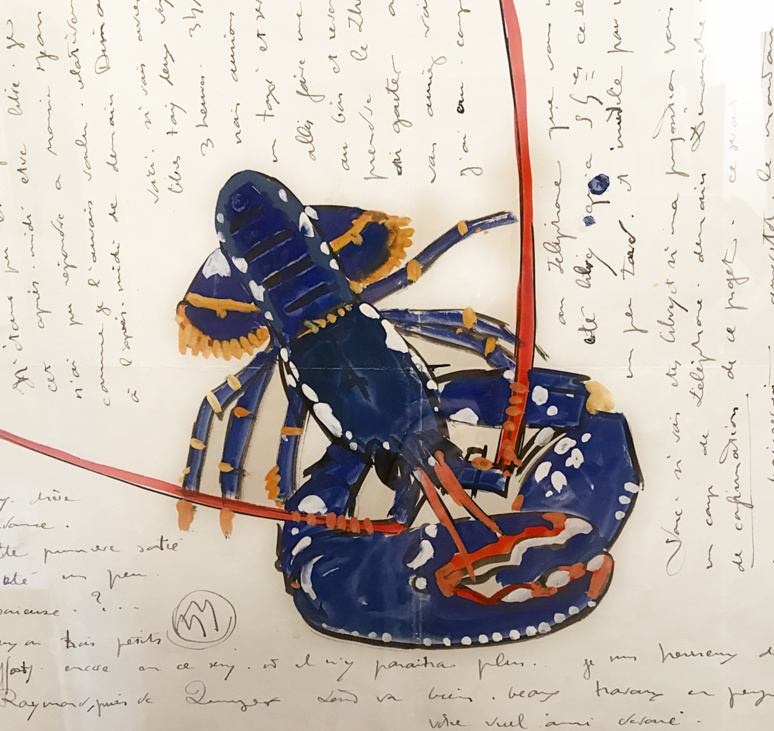 Exemple de lettre écrite par Mathurin Méheut; ce homard bleu illustra aussi le livre "Regarde" de Colette (1929). Photo (c) Charlotte Longépé.