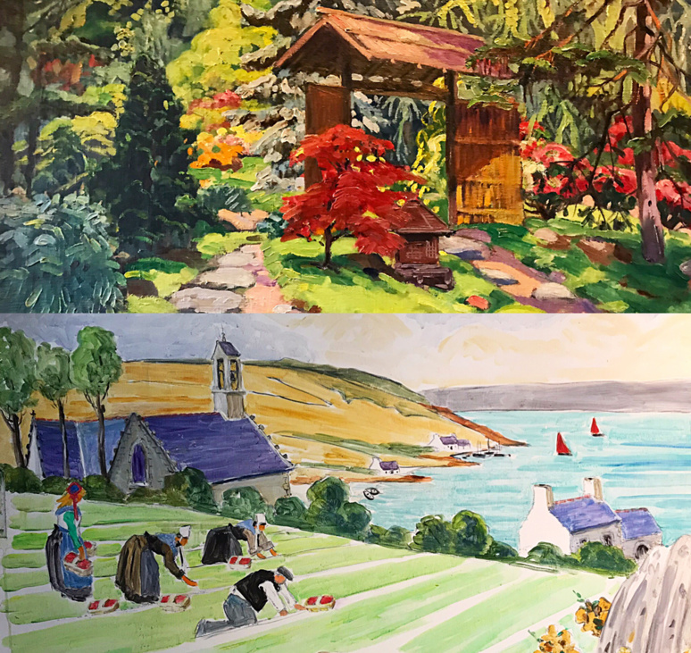 Jardin d'Albert Kahn 1930 (caséine sur toile); scène typique de Bretagne (peinture murale). Photo montage (c) Charlotte Longépé. Jardin d'Albert Kahn 1930 (caséine sur toile); scène typique de Bretagne (peinture murale). Photo montage (c) Charlotte Longépé.