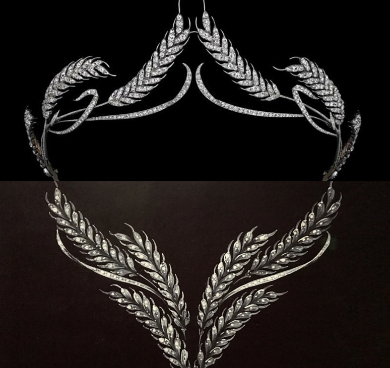 Diadème épis de blé dit "Crèvecoeur" transformable en devant de corsage (or et diamants) 1810. Photos montage (c) Charlotte Longépé.