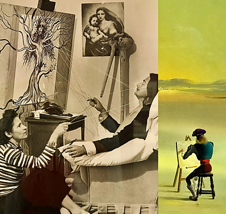 Gala et Salvator Dali à Pebble Beach, Californie 1947, détails du tableau Eléments énigmatiques dans un paysage, huile sur toile, 1934. Photos montage (c) Charlotte Longépé.