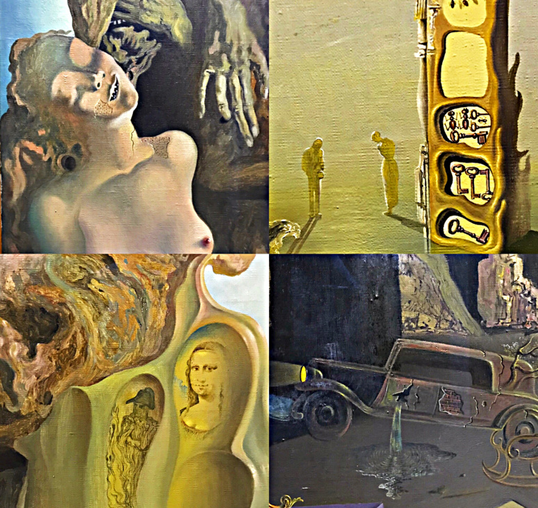 La Mémoire de la femme-enfant, huile sur toile 1929, détails représentant Napoléon et la Joconde, un nu féminin en souffrance, l'Angelus de Millet, des fourmis symbole de la décomposition et des clés des multiples mystères et enfin un accident surréaliste avec une Cadillac. Photos montage (c) Charlotte Longépé. La Mémoire de la femme-enfant, huile sur toile 1929, détails représentant Napoléon et la Joconde, un nu féminin en souffrance, l'Angelus de Millet, des fourmis symbole de la décomposition et des clés des multiples mystères et enfin un accident surréaliste avec une Cadillac. Photos montage (c) Charlotte Longépé.