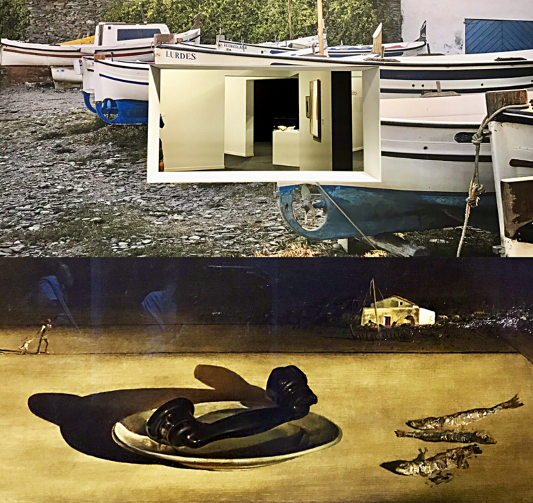 Décor de l'exposition reprenant des vues du port de Figueras; Violettes impériales, huile sur toile 1938. Photos montage (c) Charlotte Service-Longépé. Décor de l'exposition reprenant des vues du port de Figueras; Violettes impériales, huile sur toile 1938. Photos montage (c) Charlotte Service-Longépé.