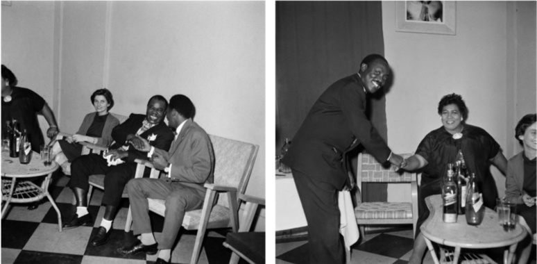 Photographié par Roger DaSilva, De gauche à droite: Dakar, c. 1952 Ella Fitzgerald, Inconnue, Louis Armstrong, Bara Djouf de la Journal Officiel.- Roger daSilva, auto-portrait avec Ella Fitzgerald, Dakar, c. 1952. Photo courtoisie © DR. Photographié par Roger DaSilva, De gauche à droite: Dakar, c. 1952 Ella Fitzgerald, Inconnue, Louis Armstrong, Bara Djouf de la Journal Officiel.- Roger daSilva, auto-portrait avec Ella Fitzgerald, Dakar, c. 1952. Photo courtoisie © DR.