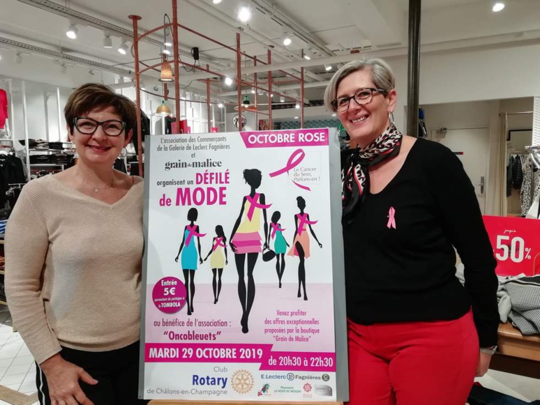 Sylvie Duhamel (à gauche), gérante de la boutique Grain de Malice de Leclerc Fagnières (51) et Patricia Delarbre (à droite), responsable de ce même magasin vous attendent avec impatience à la 3e édition du défilé de mode Octobre rose (c) M. Cugnot
