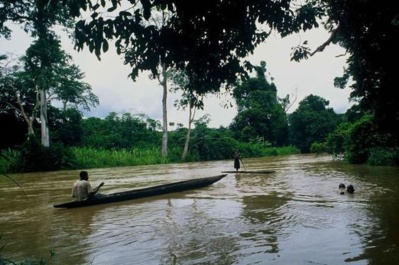 Pygmées Bongo traversant une rivière en pirogue à Ogooué-Lolo, au Gabon. (c) Paul Verdu