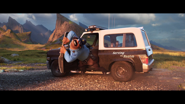 Le centaure policier n’arrivant pas à sortir de sa voiture de fonction (En Avant, Pixar). Disney/Pixar