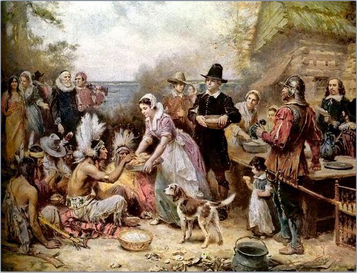 The First Thanksgiving, par Jean Leon Gerome Ferris (1863-1930). Photo du domain public