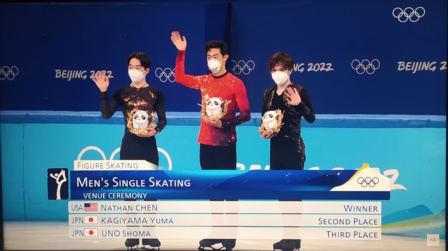The Olympics Figure Skating Men Podium. Gold : Nathan Chen. Silver : Yuma Kagiyama. Bronze : Shoma Uno.