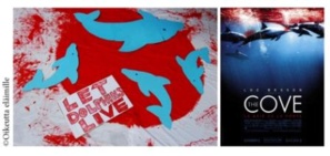 Photo de gauche: manifestation en Finlande devant l'Ambassade du Japon (2011) - Photo de droite: Affiche du film de Luc Besson "The Cove: la baie de la honte"