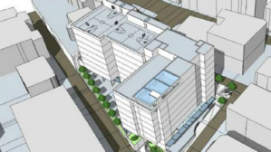 Insertion volumétrique du projet entre la rue Bellevue et l’avenue de Roqueville.