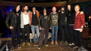 Todd Kerns, Frank Sidoris, Myles Kennedy and Slash with Ben Johnston, Simon Neil, Richard Ingram and James Johnston of Biffy Clyro pose on stage at the World Stage Open Rehearsal ahead of the MTV EMA's 2014 at the 02 Academy on November 7, 2014 in Glasgow, Scotland. Photo (c) Ian Gavan/MTV 2014/Getty Images