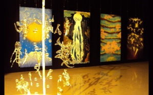 Un idéogramme de verre et une partie de l'œuvre "Vie de Pluie" de Sisyu. Photo © LLF Un idéogramme de verre et une partie de l'œuvre "Vie de Pluie" de Sisyu. Photo © LLF