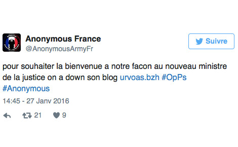 Tweet d'Anonymous France.