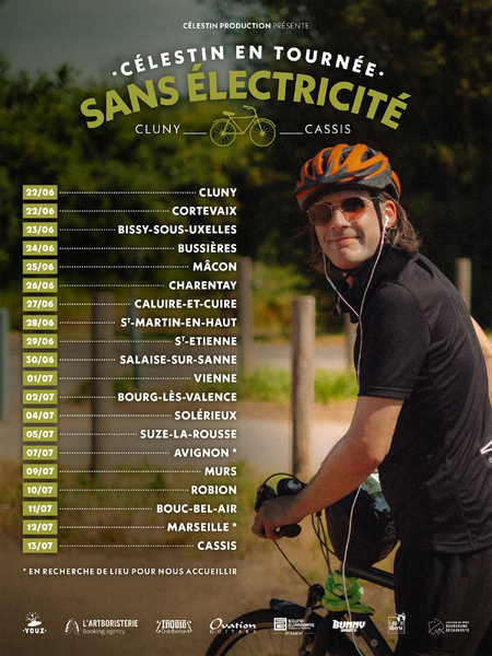 Célestin présente sa tournée à vélo sans électricité et le clip d'Eva Célestin présente sa tournée à vélo sans électricité et le clip d'Eva