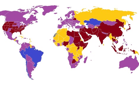 Statut de la peine de mort dans le monde en 2015. En rouge les pays où la peine capitale est légale et appliquée. Illustration (c) Titanicophile