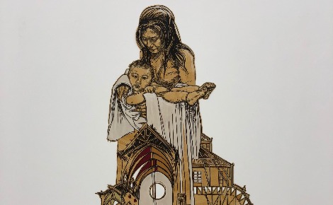 Extrait de Swoon: "Sasu and Kasei", 2016 (Block print, coffee stain, and gouache on mylar, Signed Varied Edition 1/9, 228 x 166 cm). Photo prise par Caroline Boudehen