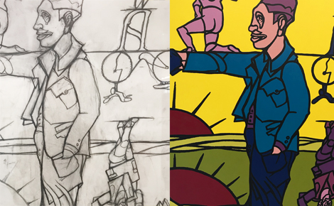 Valerio Adami, Sarasvati dea della poesia, dessin et acrylique sur toile. Photo montage (c) Charlotte Service-Longépé