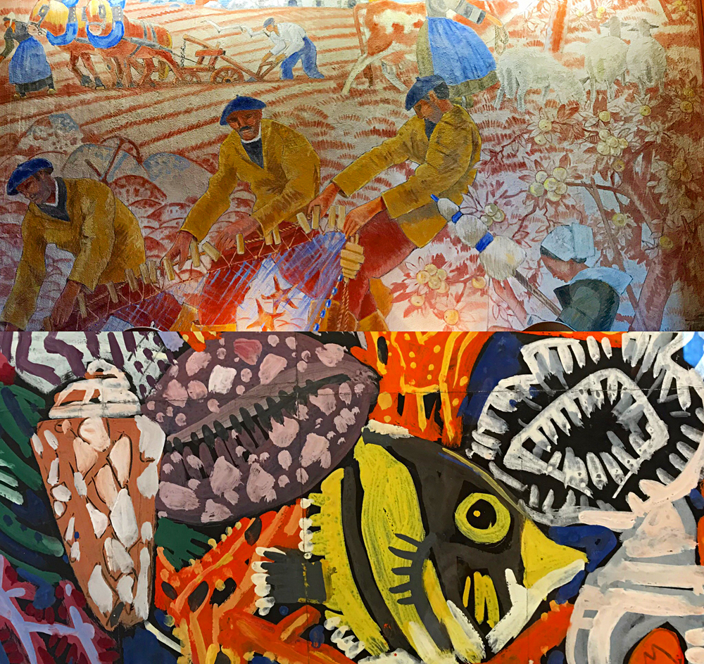 Scènes de pèche et de moisson, peinture murale décorant la salle à manger de la Grande Vigne; étude à la gouache, projet de décors pour un paquebot. Photo montage (c) Charlotte Longépé.