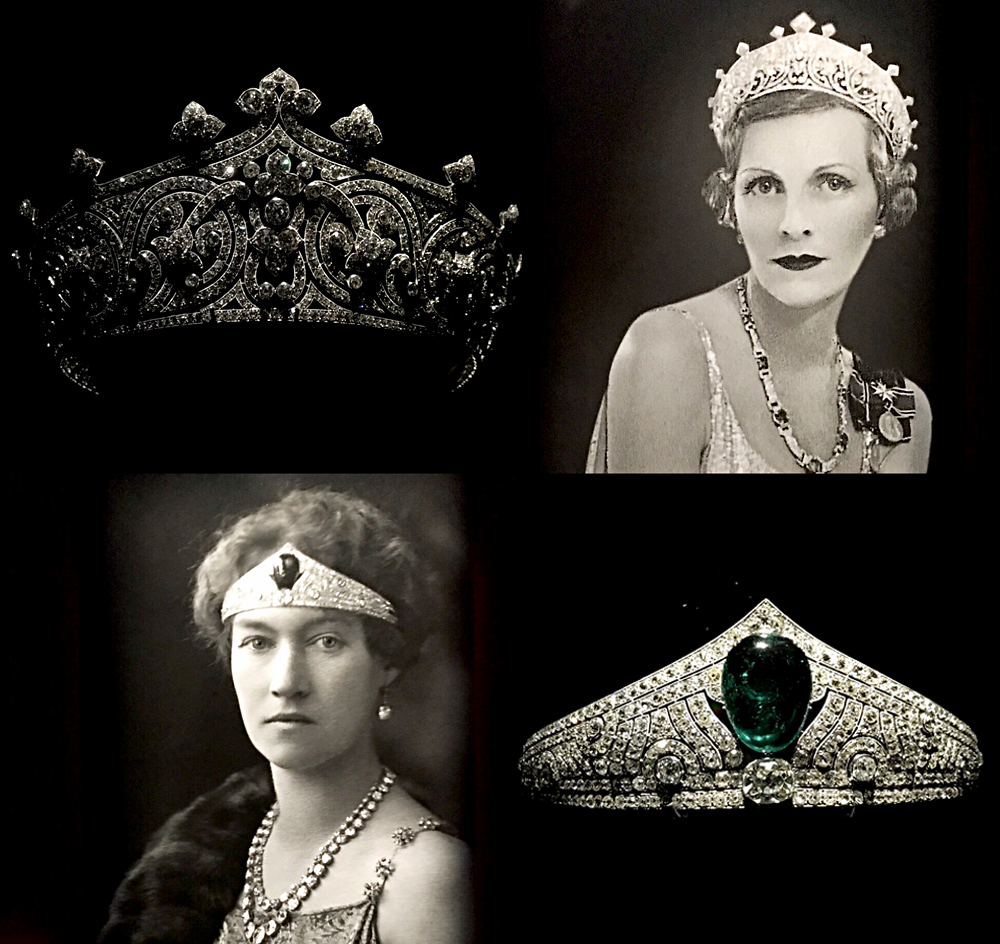 Diadème aux fleurons (platine et diamants) d'Edwina, comtesse Mountbatten de Birmanie pour le couronnement de George VI en 1937 (en haut), diadème Art déco avec cabochon d'emeraude de 45 carats de la Grande duchesse Charlotte de Luxembourg en 1926. Photos montage (c) Charlotte Longépé.