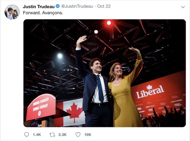 Le premier ministre Justin Trudeau et sa femme Sophie Grégoire, lors du résultat des élections fédérales du 21 octobre 2019. Crédit photo: Twitter.