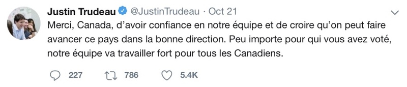 Le premier ministre canadien remercie ses électeurs sur twitter. Crédit photo: Twitter.