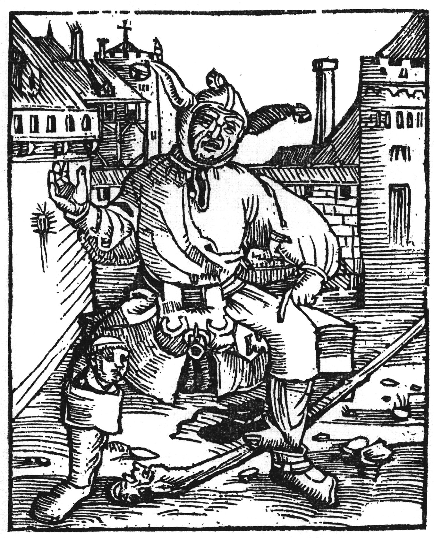Gravure du pamphlet "Le Grand fou Luthérien" de Thomas Murnier représentant un danseur fou de Strasbourg (c) Anonyme