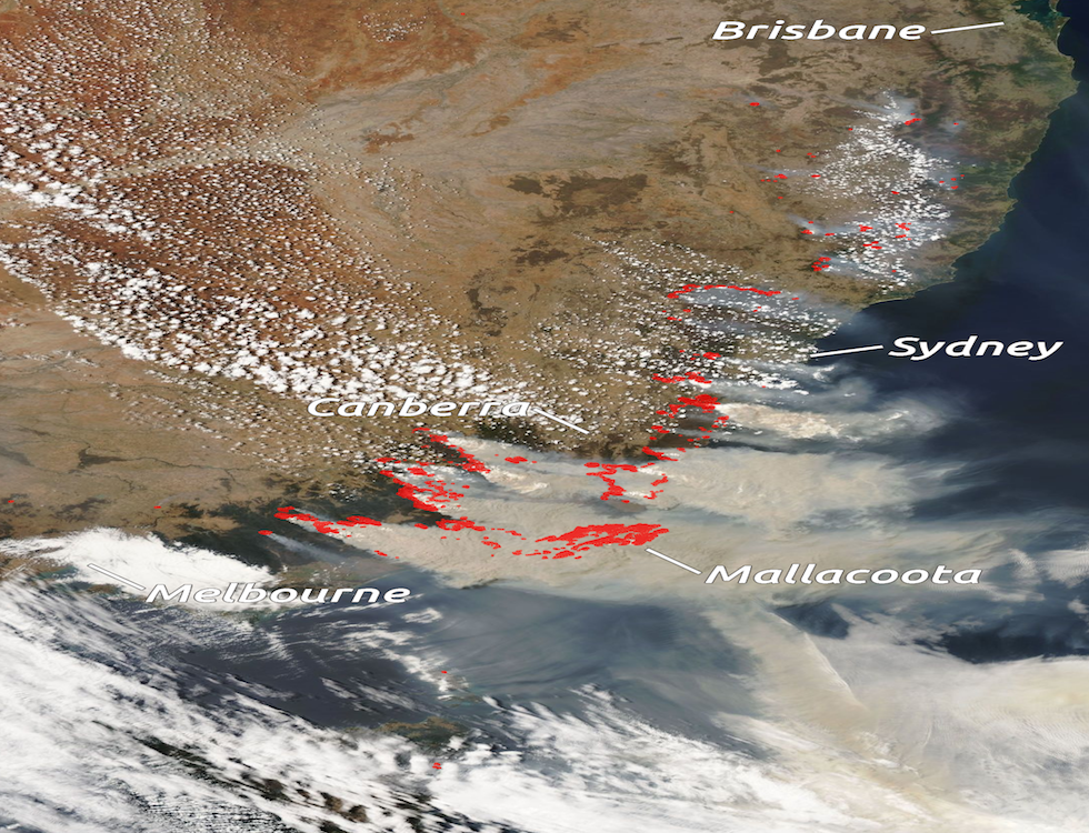 Carte des incendies en Australie en date du 6/01/2020 © NASA