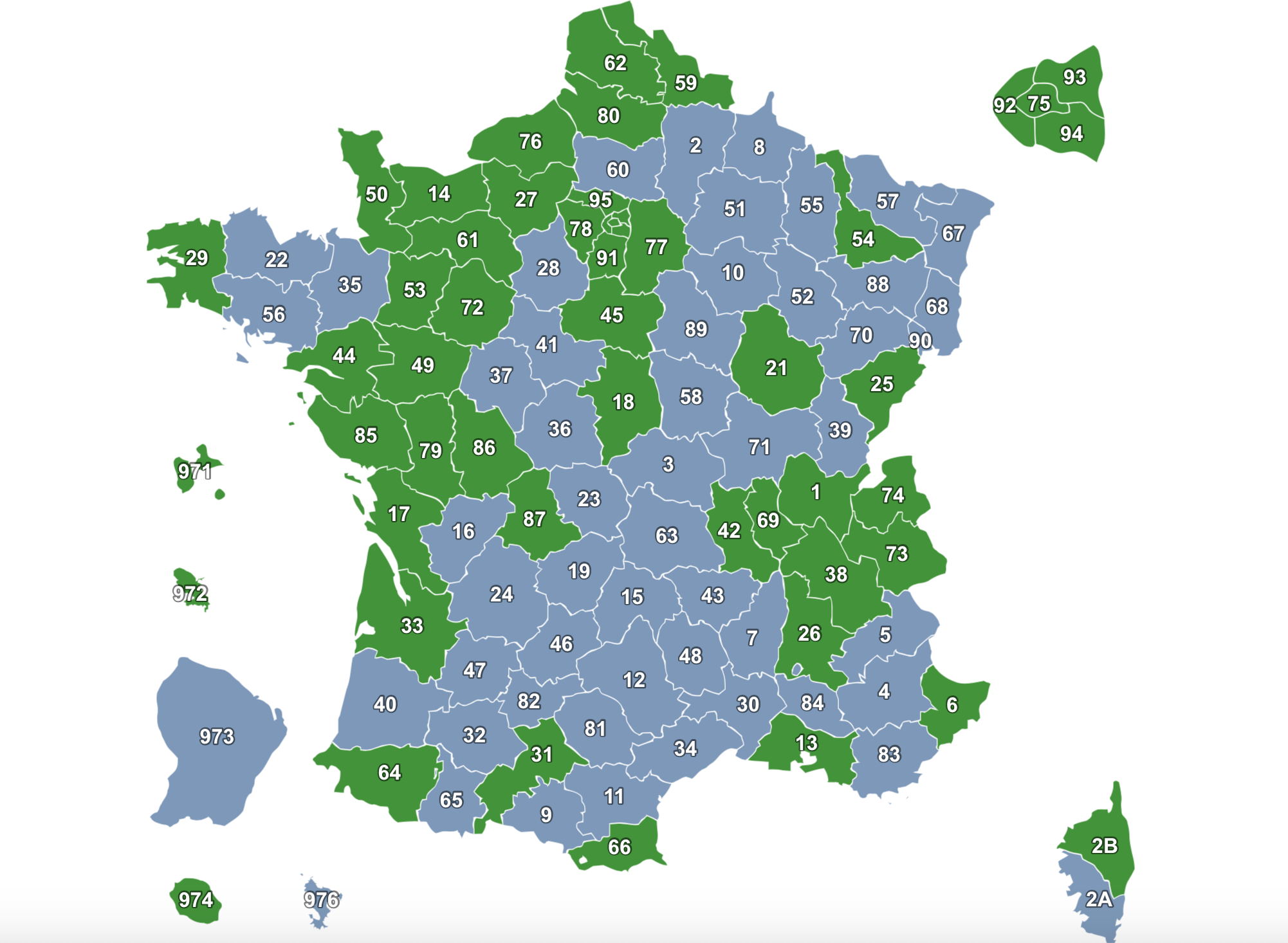 Carte représentant la couverture en France et dans les DOM-TOM de l'application Sauv Life. Crédit photo: Capture d'écran sur le site de Sauv Life.