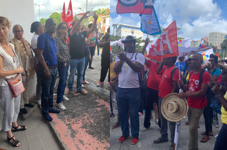 Des représentants des syndicats FO et CGTM rendent hommages aux salariés de Frances Antilles. (c) Nouria Anseur.