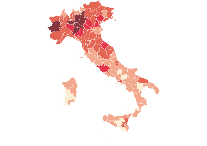 Carte représentant la densité de cas confirmés en Italie le 18 mars 2020 (c) Wikipédia