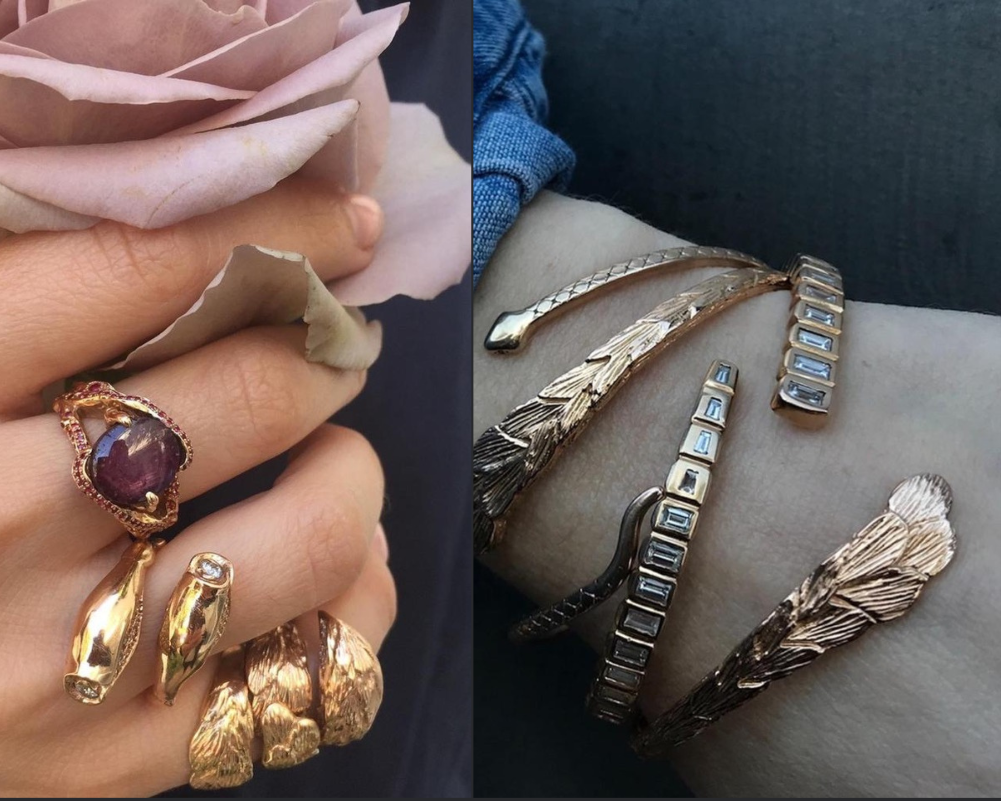 * photo 3 bracelets: Top one is rose gold diamond baguette rattle snake cuff, rose gold eagle cuff, rose gold snake cuff all 18 k gold  * photo 3 bagues: Ruby Rose and diamond ring, Eagle ring with diamond baguettes, Rosebud ring in diamonds 18 k. (c) Roseark | Dessauvages Communication.