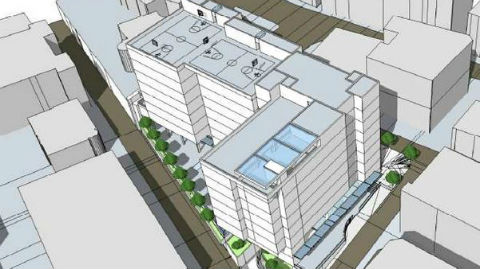 Insertion volumétrique du projet entre la rue Bellevue et l’avenue de Roqueville.