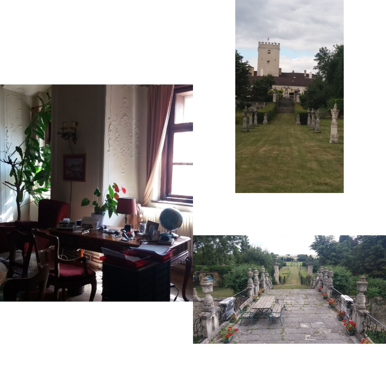 1. Le salon où, dit-on, elle écrivit son roman Bas les armes! (publié d'abord en allemand en 1889) 2. Vue du petit château de style Renaissance, plaqués de chichis baroques depuis le 18ème siècle. 3. Vue des jardins qui descendent en pente douce, à l'arrière du château. (c) Antoine Jacob.