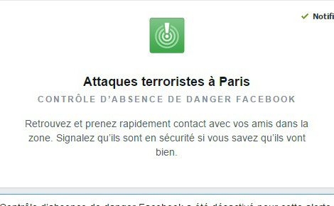 Je suis en sécurité à Paris. Copie écran de l'application Facebook