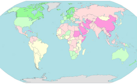 Carte d'indice de liberté de la presse en 2014, classé de vert foncé: meilleure situation à rose foncée. Illustration (c) Jeffrey Ogden
